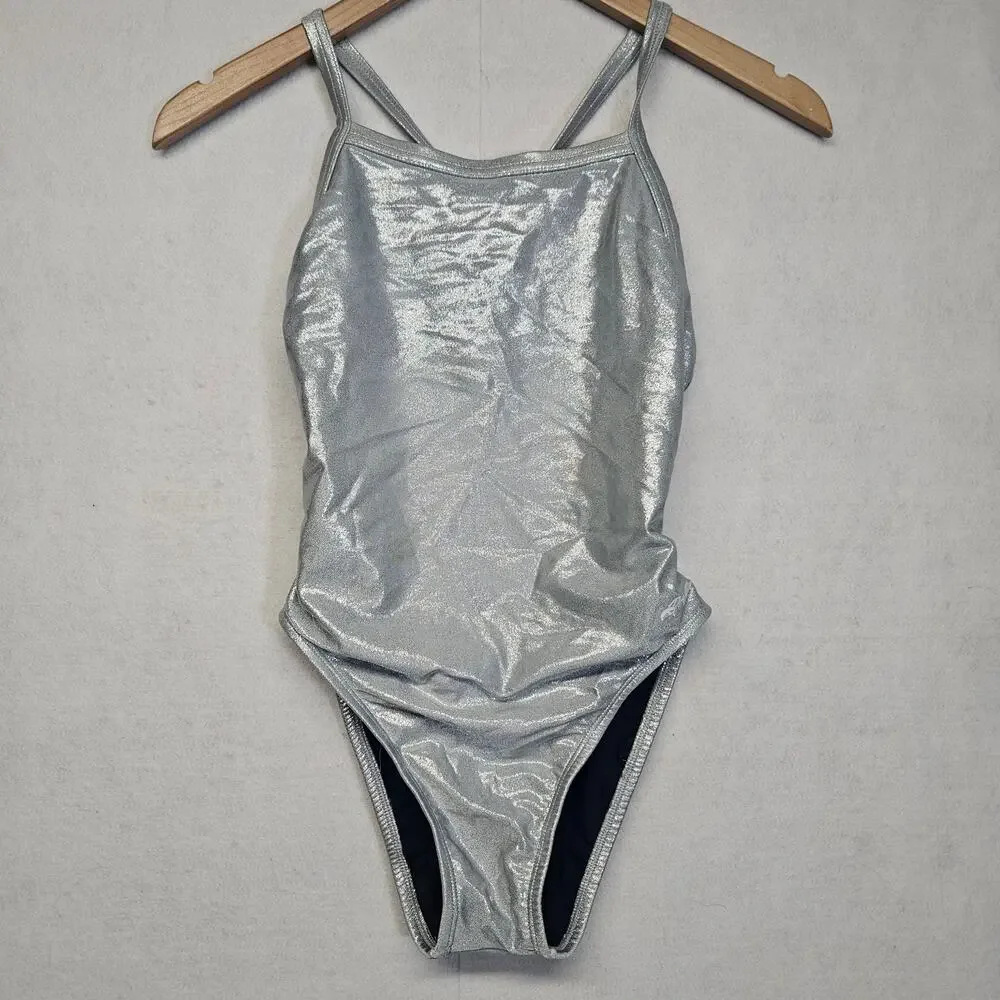Dolfin Metallic Silver Foil One Piece Swimsuit Womens Size 32 Made in USA Shiny